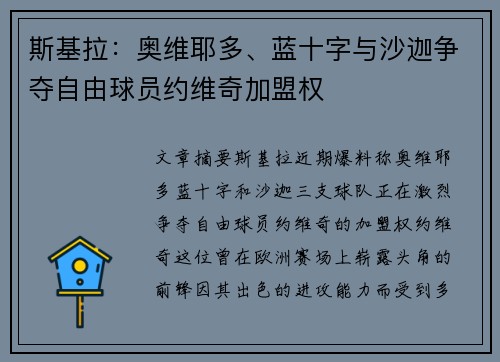 斯基拉：奥维耶多、蓝十字与沙迦争夺自由球员约维奇加盟权