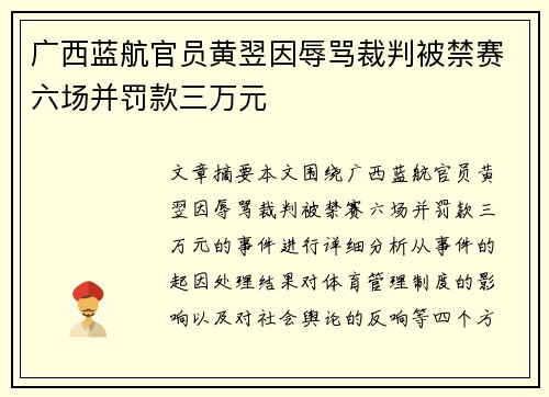 广西蓝航官员黄翌因辱骂裁判被禁赛六场并罚款三万元